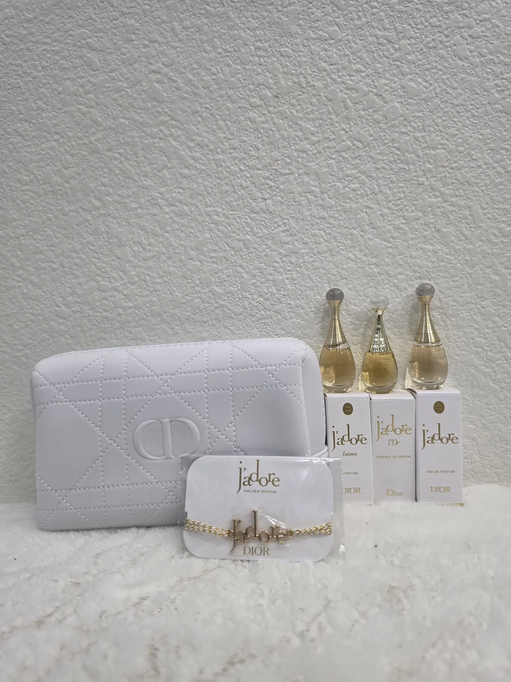 Dior White Quilted Cosmetic Pouch with J'adore Gold Charm and Samples